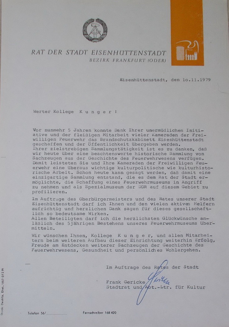 1979; Dokument vom Rat der Stadt Eisenh�ttenstadt